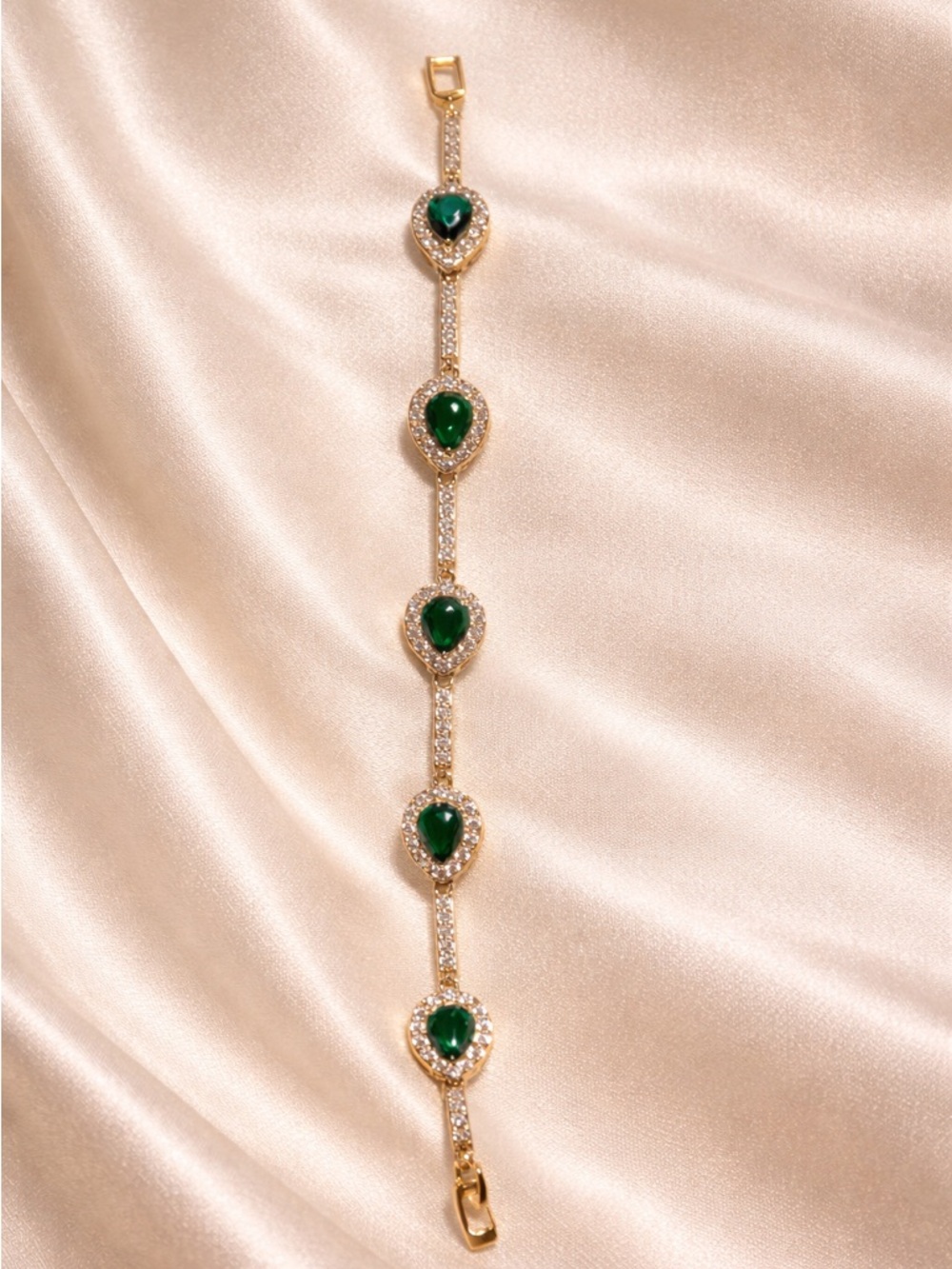 Gold color Bracelet with Emerald Green Teardrop Stones - Women Jewelry